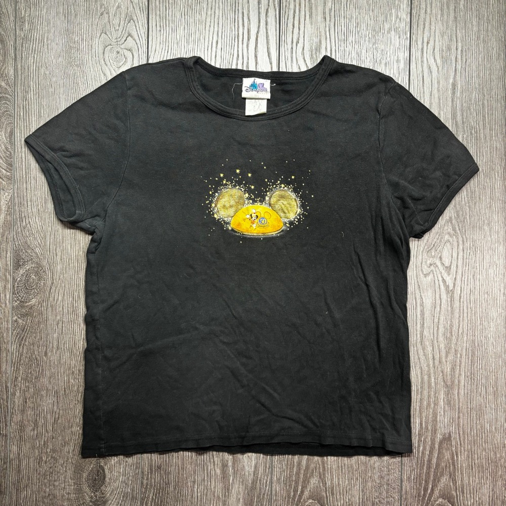 Vtg Disneyland Resort Anniversary Mickey Mouse Gold Black Baby T Shirt Womens